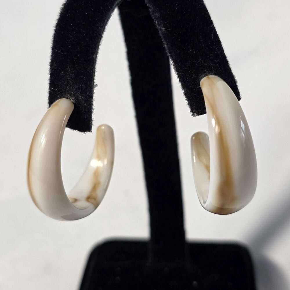 Chunky C-shaped Acrylic Hoop Earrings Marbled Cream & Brown Tortoise Shell